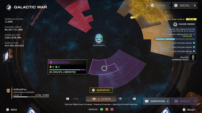 Helldivers 2's Galactic War map showing a mysterious cluster of purple sectors.