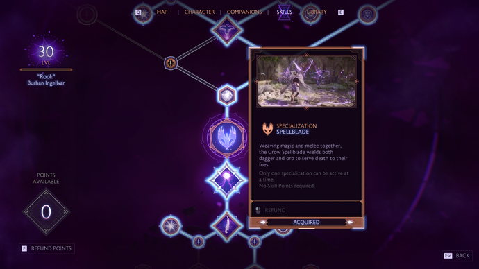 A Dragon Age: The Veilguard screenshot showing an example of protagonist Rook's skill tree.