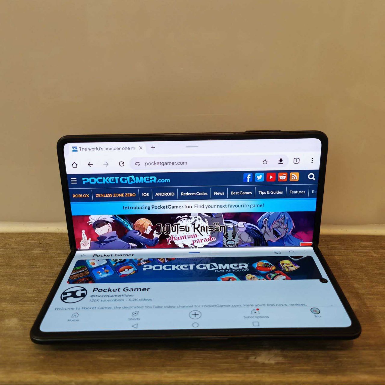 Folded screen halfway with pocket gamer website
