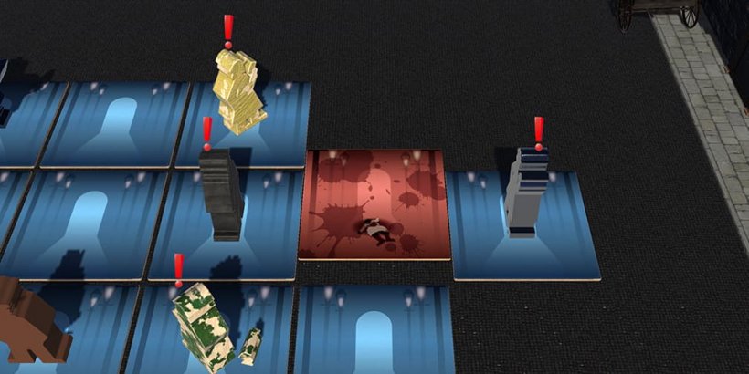 Player pieces with red exclamation points above their heads viewing the crime scene tile.