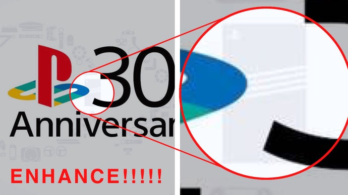 An enlarged version of Sony's PlayStation 30th anniversary logo seemingly showing the PS5 Pro.