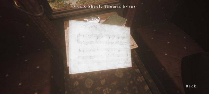 A screenshot from Maid of Sker showing your character examining a music sheet with blurry textures