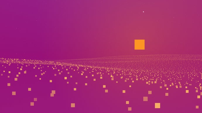 Periphery Synthetic official screenshot showing a pink-purple background with a golden yellow square as a setting sun, and sparse waves of yellow dots in the foreground