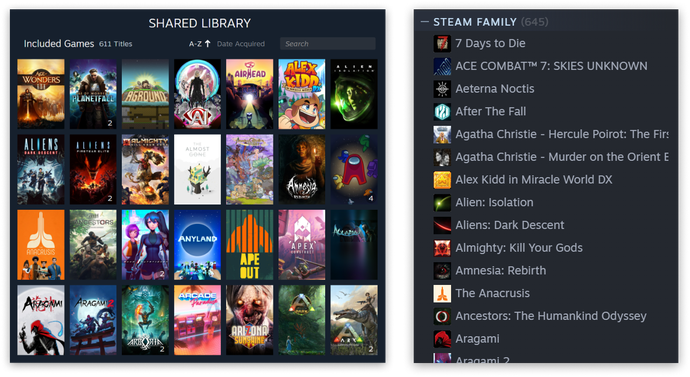 An screenshot showing Valve's new Steam Families shared library feature.