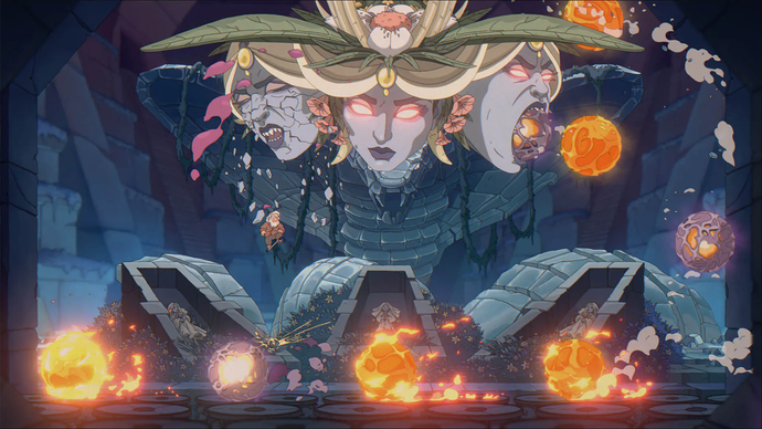 The Eternal Life of Goldman screenshot showing old man battling a multi-faced deity shooting fireballs