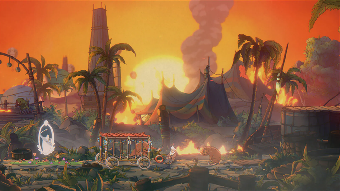 The Eternal Life of Goldman screenshot showing old man pulling a carriage with his cane in flaming jungle