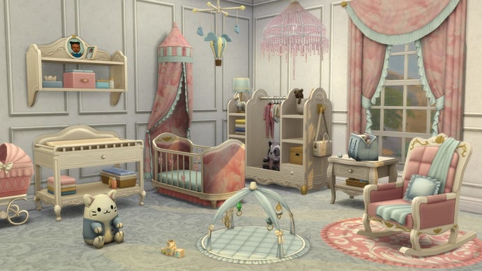 A screenshot of The Sims 4's Storybook Nursery Kit showing an elegant children's nursery in pastel pinks and blues.