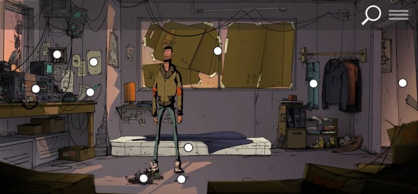 A screenshot from Unforeseen Incidents showing a man in a messy apartment with objects highlighted by white dots