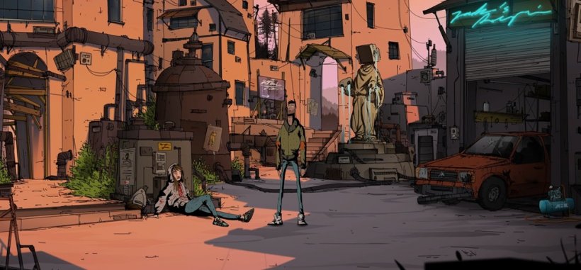 A screenshot from Unforeseen Incidents of a small town alley strewn with electrical cabling