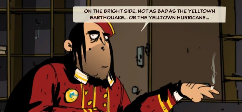 A close up screenshot of Morton, a character from Unforeseen Incidents in a bellhop uniform