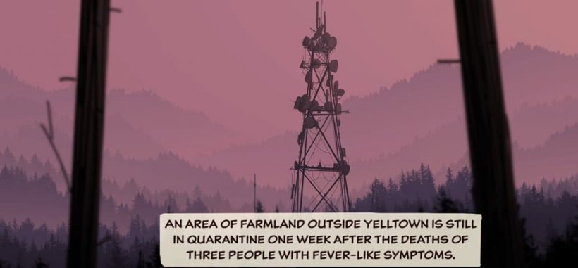 A screenshot from Unforeseen Incidents showing a radio tower against a picturesque background