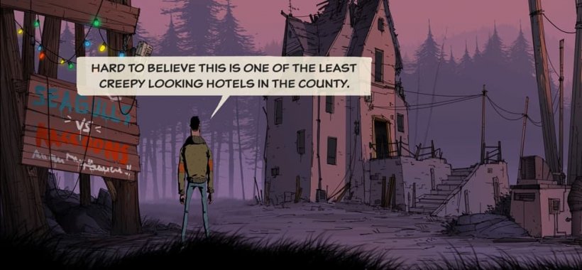 A screenshot from Unforeseen Incidents showing Harper Pendrell on a hill overlooking a hotel