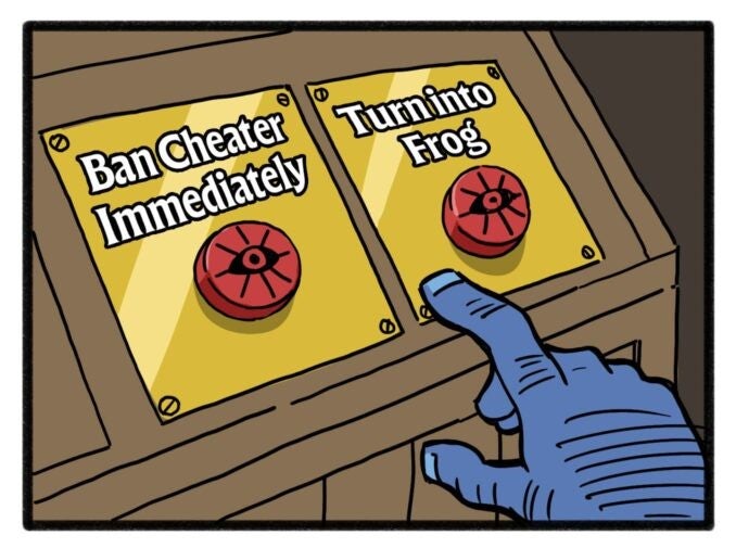 ban cheater or turn into frog buttons from a deadlock cartoon