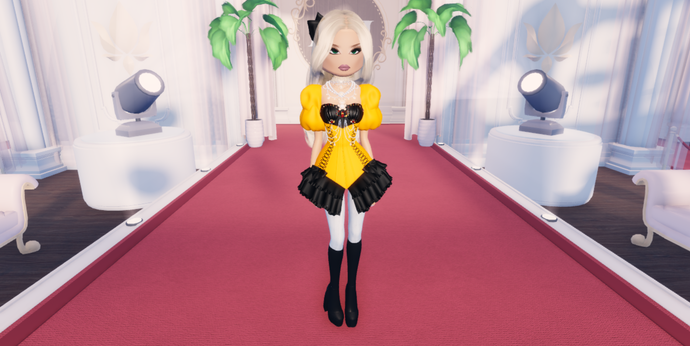 Strutting on the catwalk in Dress to Impress wewaring a yellow dress with black frills.