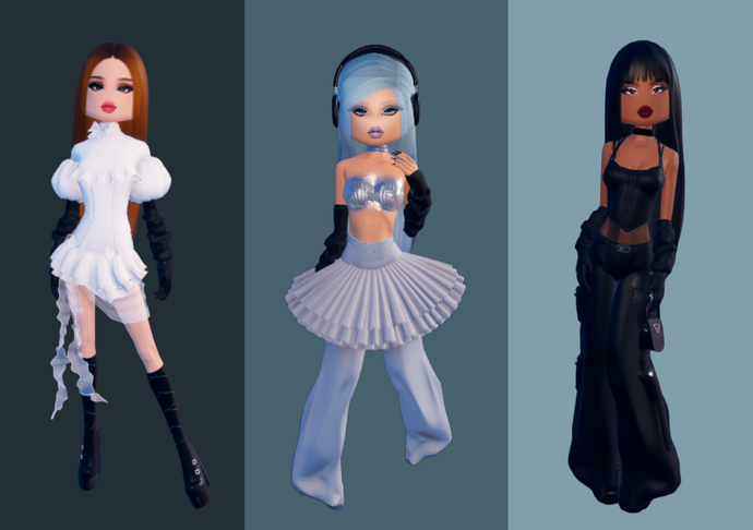 Three layered outfits made by Emma in Dress to Impress. One is a white dress with black gloves, another is grey and desaturated blue, while another is in all black.