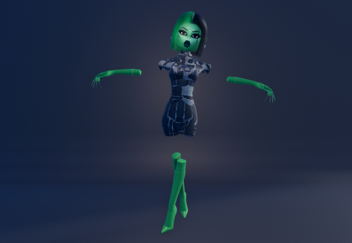 A female character in Dress to Impress, with green skin and floating arms. She has makeup with stitches and earrings that look like a metal bolt through her head.