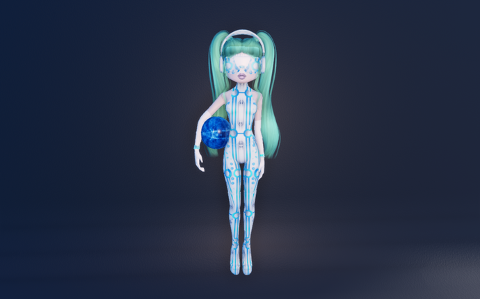 An outfit in Dress to Impress, showing futuristic blue looks and long turqoise hair