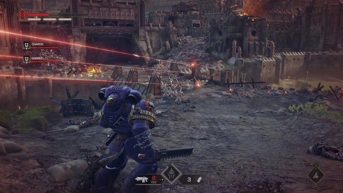 A screenshot of Warhammer 40,000: Space Marine 2, showing Titus charging towards an oncoming Tyranid horde.