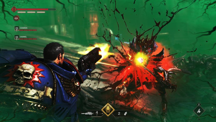 A screenshot of Warhammer 40,000: Space Marine 2, showing Titus performing a Gun Strike on an enemy Tyranid, while suffering from the effects of Tyranid venom.