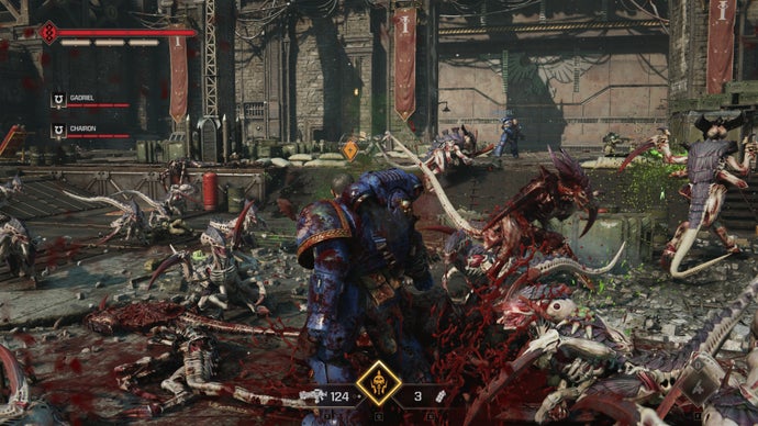 A screenshot of Warhammer 40,000: Space Marine 2, showing Titus in the midst of a Tyranid horde.