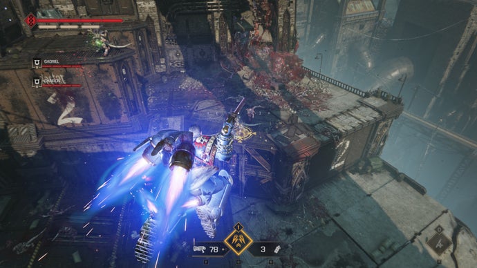 A screenshot of Warhammer 40,000: Space Marine 2, showing Titus descending upon a group of Tyranids with his jump pack.