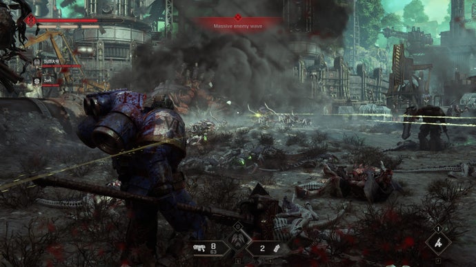 A screenshot of Warhammer 40,000: Space Marine 2, showing the Assault Marine advanced on a large Tyranid Horde in Operations mode.