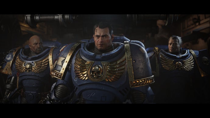 A screenshot of Warhammer 40,000: Space Marine 2, showing Titus flanked by his two squadmates, Gadriel and Chairon.