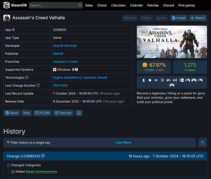 Screenshot from SteamDB showing the addition of Achievements for Assassin's Creed Valhalla