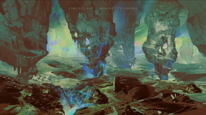 Concept art for Destiny 2's Codename: Apollo expansion showing a lurid green alien landscape with towering inverted triangular rocks stretching upward from the ground.