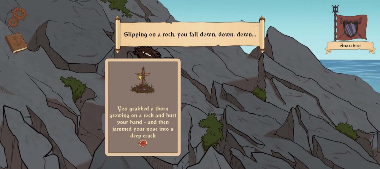 a card that shows a death scenario against the background of a cliff