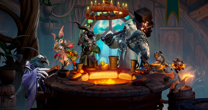 Sunderfolk screenshot showing multiple animal characters as warriors and wizards sat around a circular fireplace