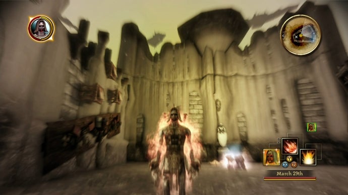 The main character of Dragon Age: Origins in the Burning Man Form inside the dreamlike area of the Fade.