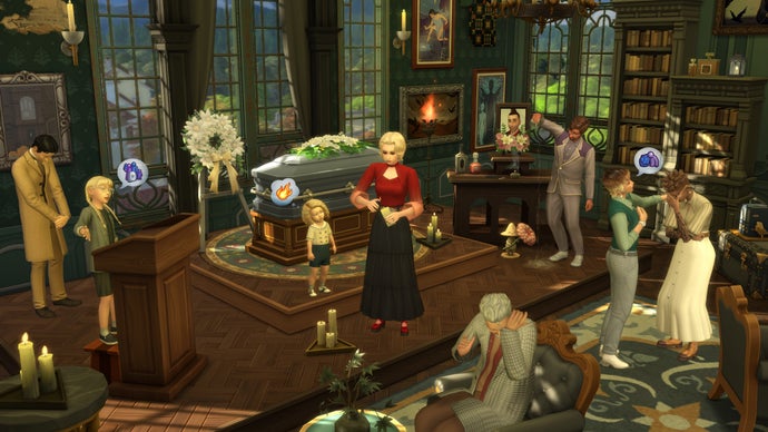 A screenshot from The Sims 4's Life & Death expansion showing a group of Sims gathered around a casket during a funeral.