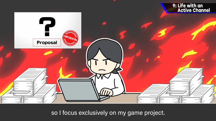 Screenshot of Sakurai's final YouTube video showing cartoon of him working surrounded by flames