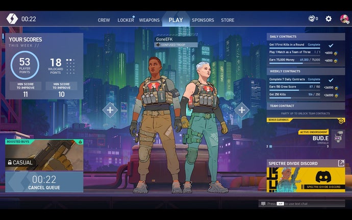 Spectre Divide’s lobby, which shows two characters in the foreground, daily challenges at the side, and a cyberpunk city in the background.