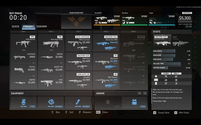 Spectre Divide’s buy screen: a grey menu with dozens of guns listed on it.