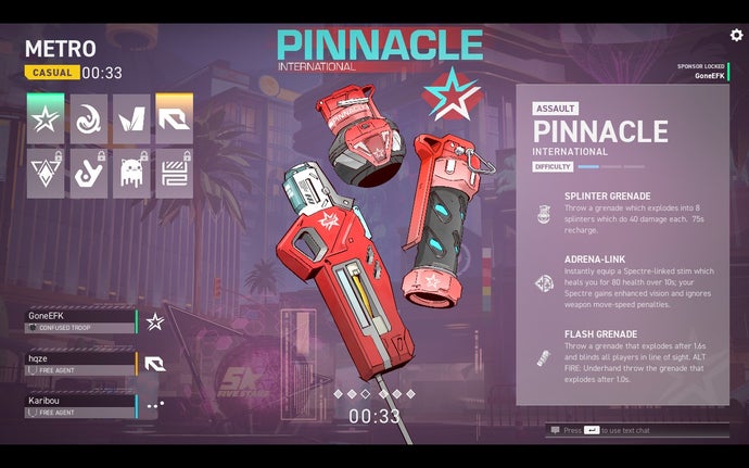 The sponsor select screen, showing the abilities provided by Pinnacle: a splinter grenade, healing stim, and flash grenade.