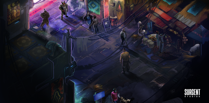 Concept artwork for Project Uso showing Afro-futurist cyberpunk city from isometric perspective