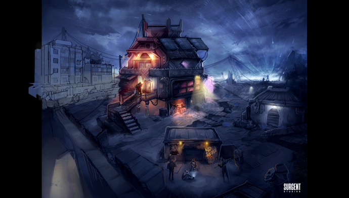 Concept artwork for Project Uso showing slum building in blue moonlight