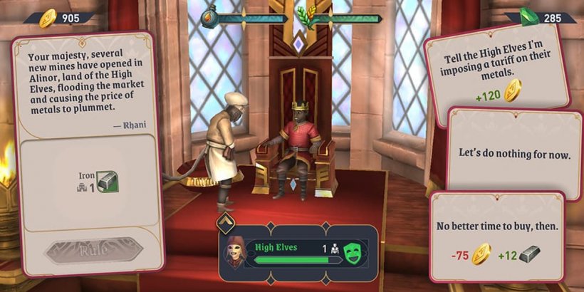 Subject dressed as chef bowing head before the king who Is making a royal decree as he sits on the throne