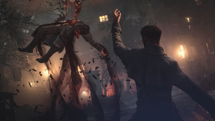 A character thrusts their hand into the air as spikes shoot out of the ground to impale a presumed enemy nearby. Blood spouts from their wounds. There's darkness all around.