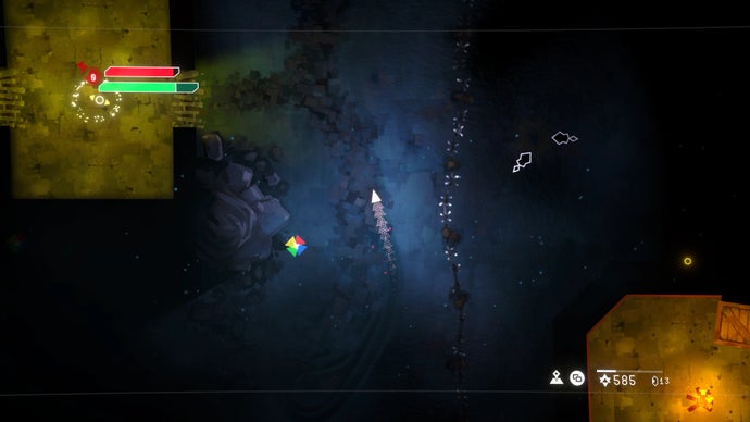 Void Sols screenshot showing tiny triangle character exploring dark world with golden light from nearby buildings