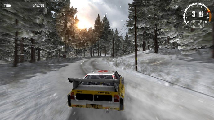 A rally car moving at sped on a track through a snowy environment, captured on Nintendo Switch.