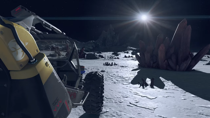 Starfield REV-8 buggy drives on a moon's surface.