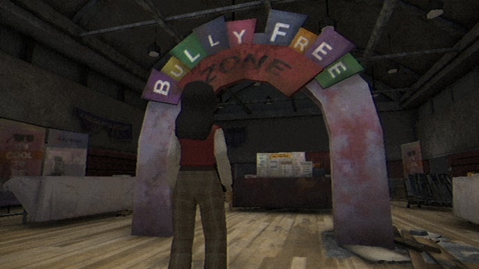 A young girl approaches an archway that says 'Bully Free Zone' inside a gym in Fear the Spotlight.