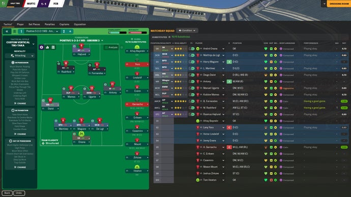 FM24 screenshot showing the in-match tactics screen with a lop-sided 3-1-3-2-1