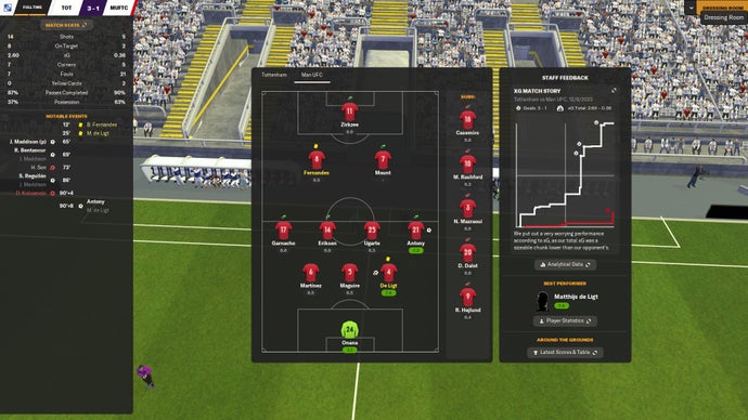 FM24 post-match xG screen showing a deserved 3-1 victory for Spurs