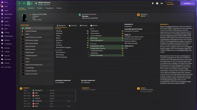 FM24 screenshot showing Ruben Amorim's in-game manager attributes