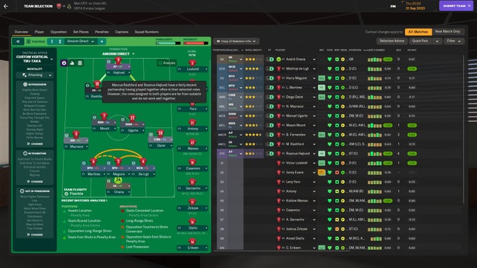 FM24 screenshot showing a tactics tooltip that mentions "the roles selected are far from suitable and do not work well together"