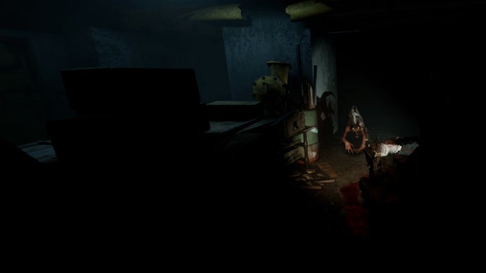 A Lurker monster from Metro Awakening VR is rushing out of the shadows towards the player character who is aiming at them with a pistol. The lurkers are like big rats and they make horrible growling noises.